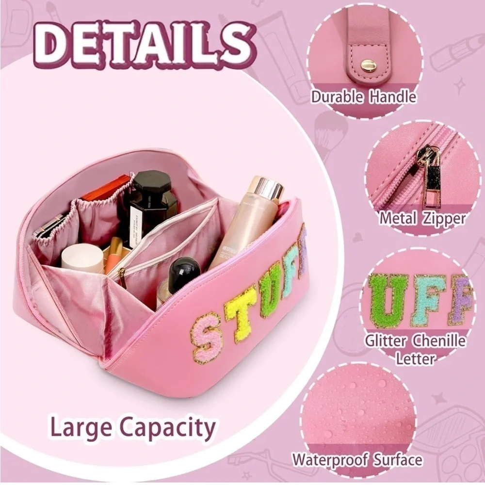 Lot of 2 Pink letter patch chenille cosmetic and travel bag.‎